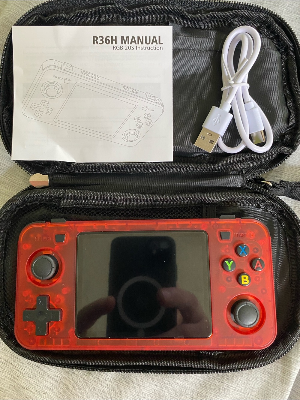 R36H Retro Handheld Game Console - Red Transparent with soft case